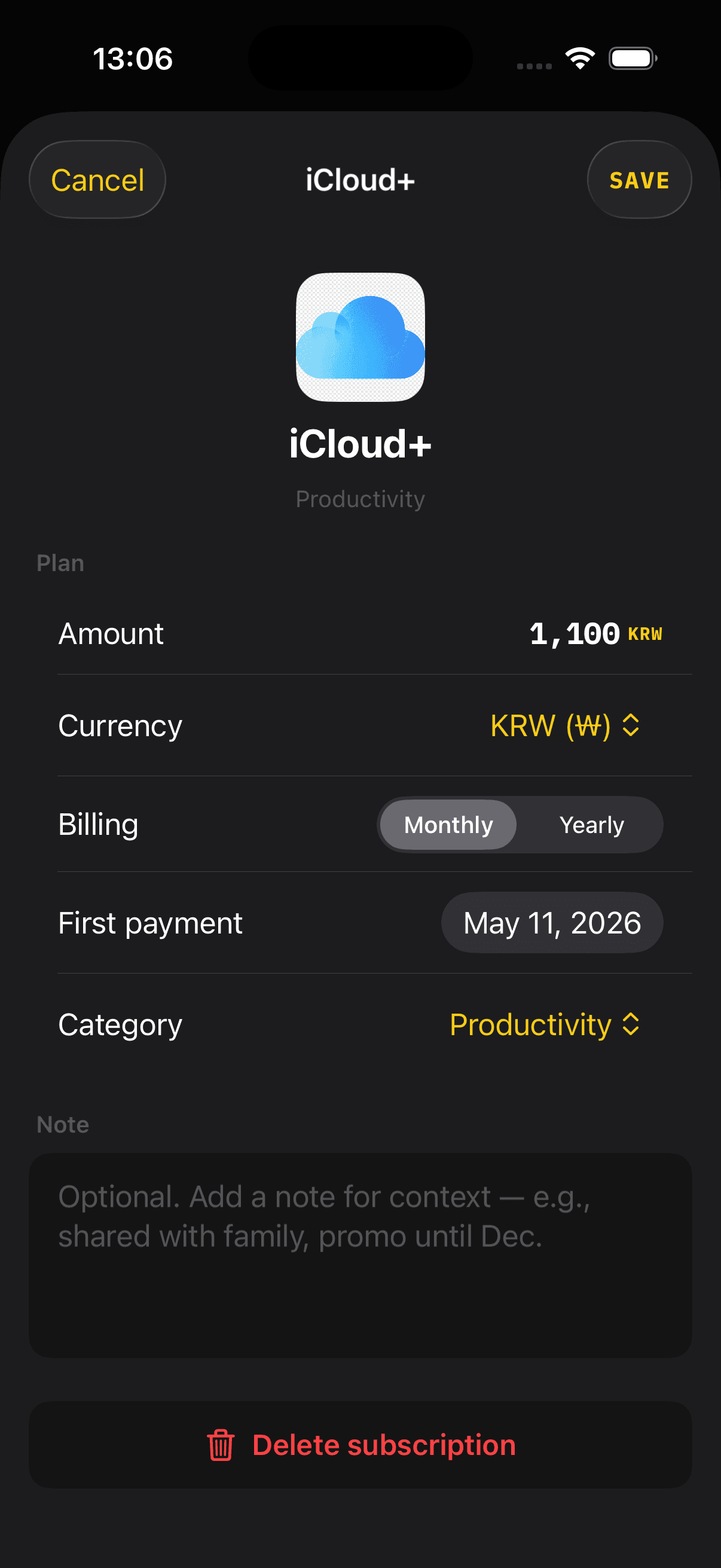 Papamoo subscription editor showing amount, currency, billing cycle, and first payment fields